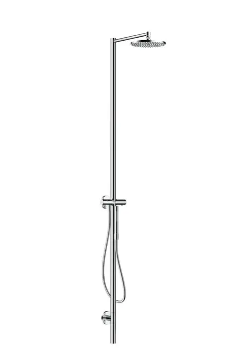 Duschsäule aus glänzendem Chrom mit Thermostat und Kopfbrause. Von AXOR, mit separatem Handbrauseanschluss und flexibler Höhenverstellung.